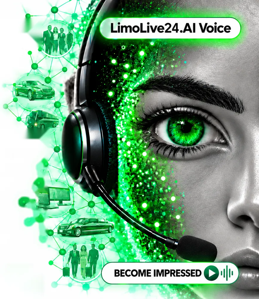LimoLive24.AI Voice: AI voice concierge wearing a headset, surrounded by a network of chauffeured cars, coaches and travellers