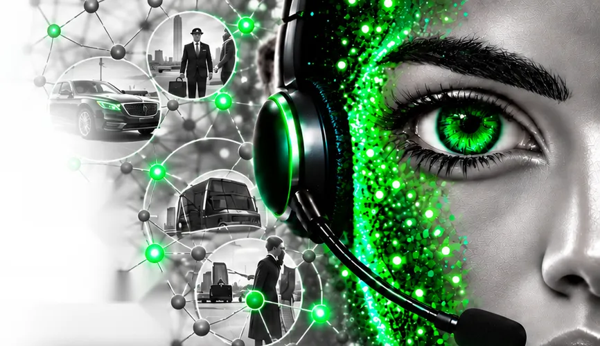 AI voice concierge with a headset beside a network of chauffeurs, sedans and coaches